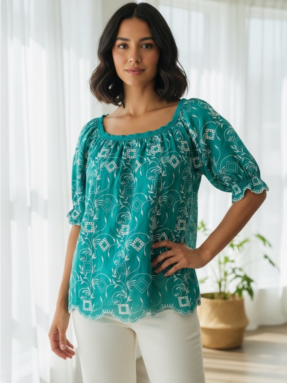 Embroidered Teal Square-Neck Peasant Blouse